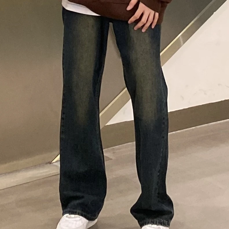 高街美式街头做旧水洗怀旧复古蓝直筒牛仔长裤男女款宽松休闲百搭