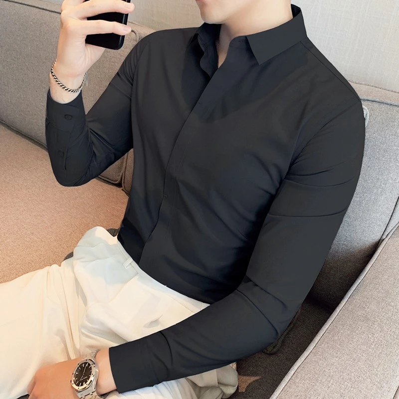仓石一树高级感衬衫男士长袖免烫抗皱百搭修身潮流纯黑色无痕衬衣
