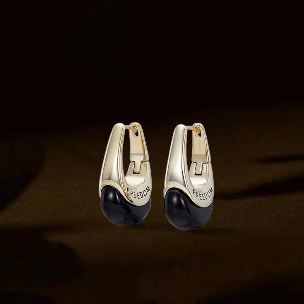 c124 【U型黑玛瑙耳扣】时尚百搭休闲显脸小耳扣9816