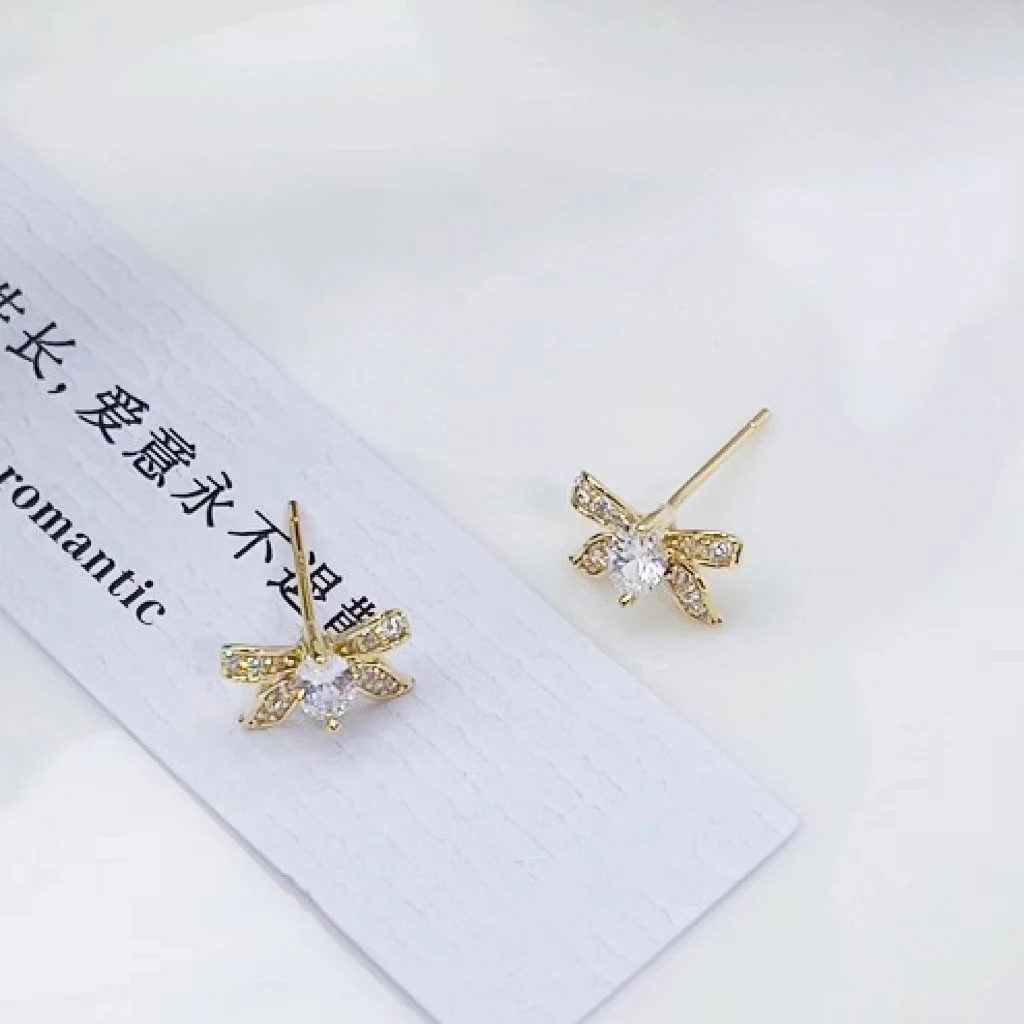铜合金合成锆石耳饰 a65时尚轻奢气质蝴蝶结耳钉百搭高级感14821