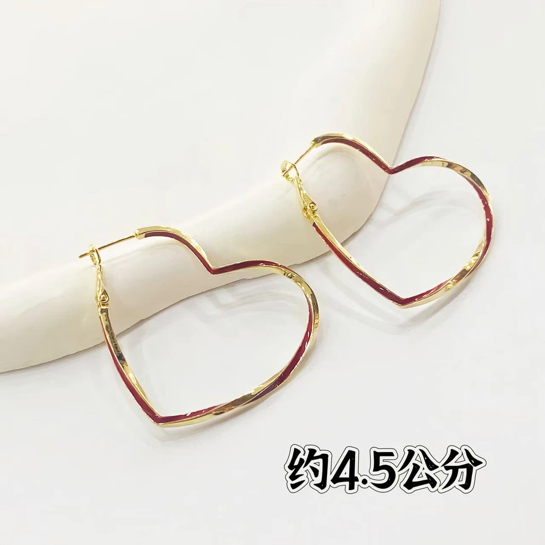 铜合金耳饰 c8安可拉红爱心耳圈百搭4.5公分心形圈圈耳环 3342