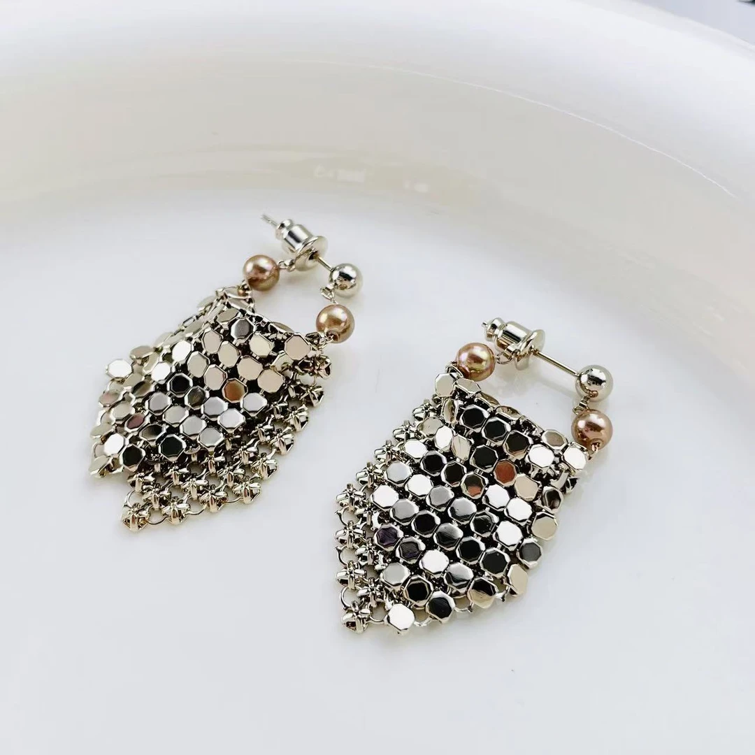 铜合金仿珍珠项链 a22欧比雅比小号亮片摇篮流苏耳环前后款50849