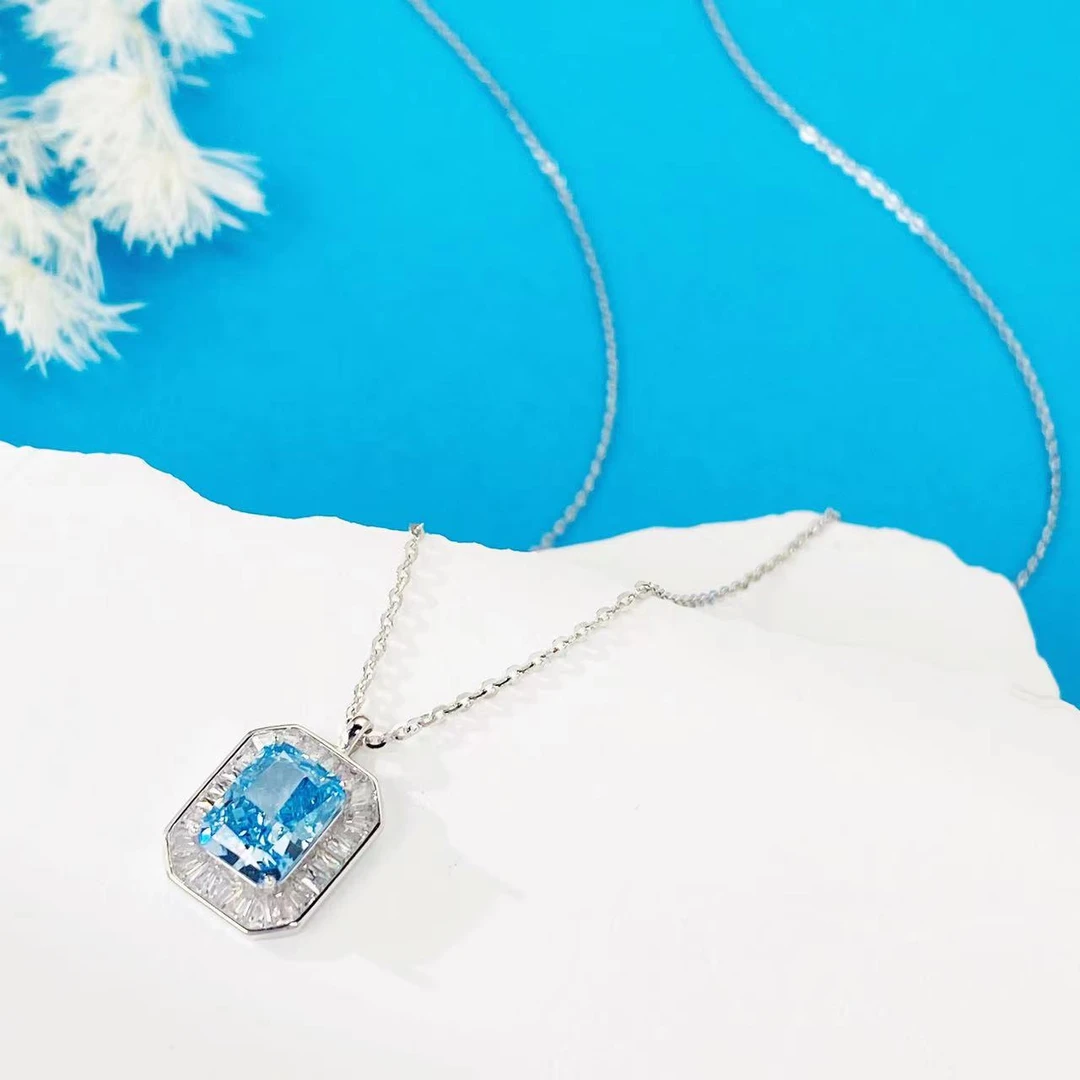 坠链均925银合成锆石 c451 c452高定方形冰切蓝锆银项链耳钉轻奢