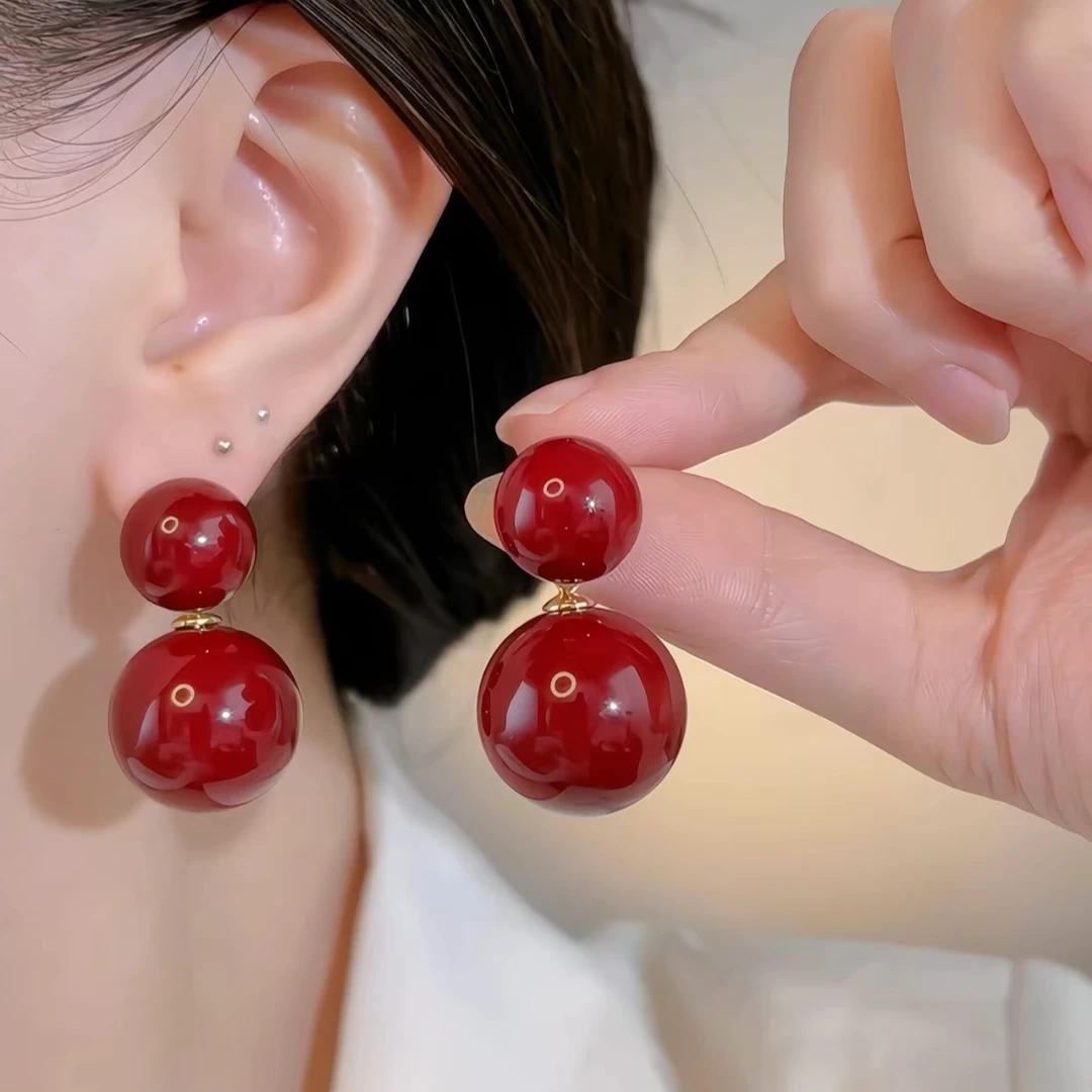 铜合金仿珍珠耳饰 a649 a650法式气质安可拉红珠珠耳环复古48325