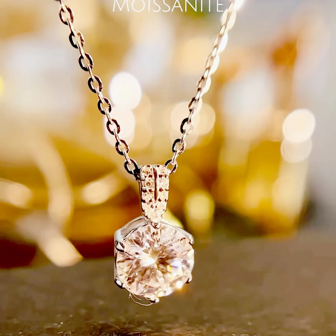 坠链均925银莫桑石 s58经典六爪一克拉莫桑银项链气质锁骨链