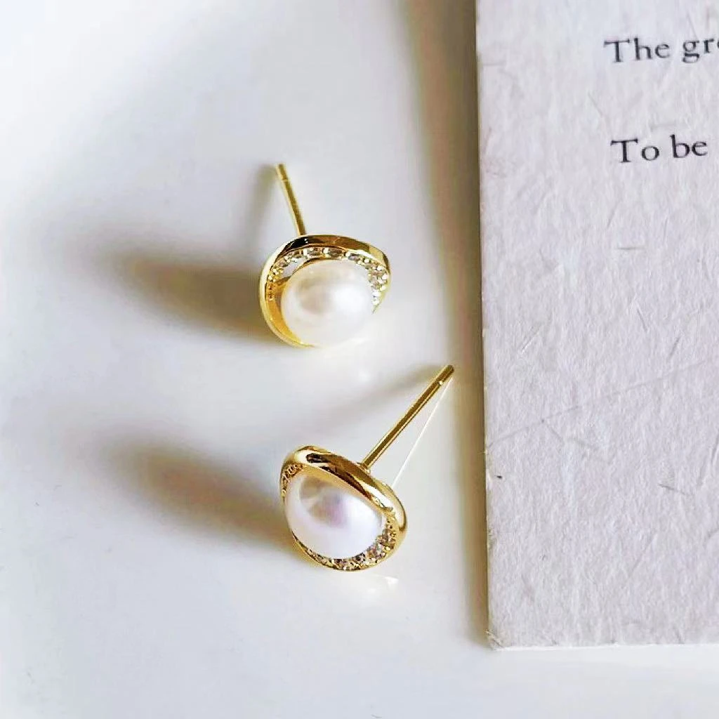 铜合金合成锆石耳饰 a754精致珠珠银针耳钉气质简约小众设计耳钉