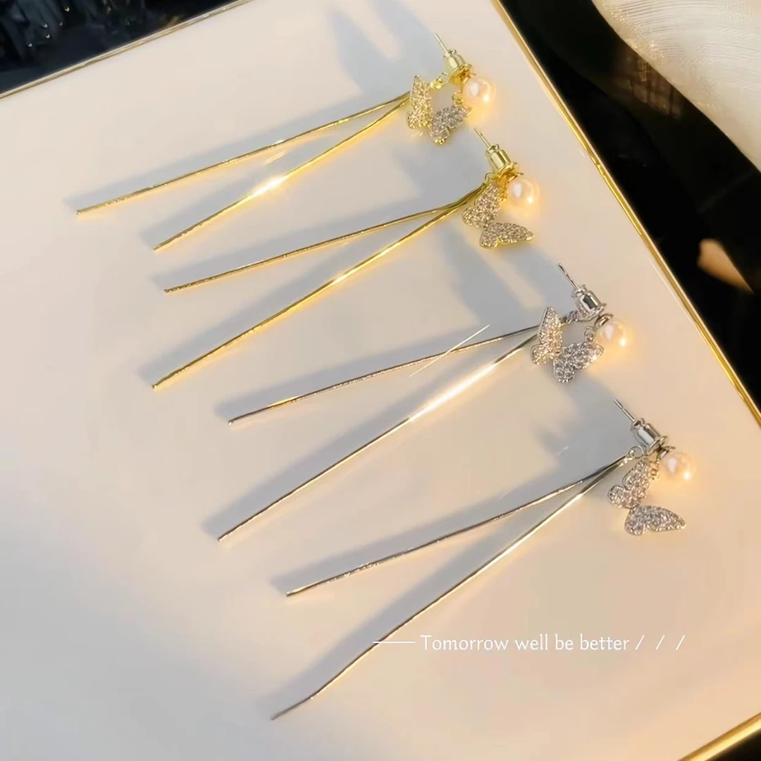 铜合金仿珍珠耳饰 ac148 ac149轻奢气质蝴蝶流苏前后款百搭47746