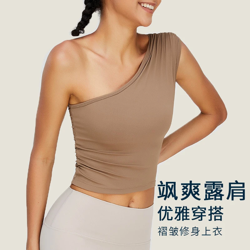 尚诺飞新款瑜伽修身运动美背上衣带胸垫无袖健身训练斜肩上衣夏季