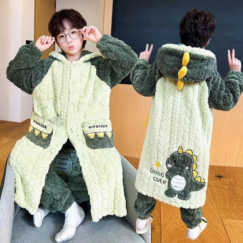 [一套2件]秋冬珊瑚绒加厚睡衣男宝宝中长款保暖法兰绒睡袍家居服