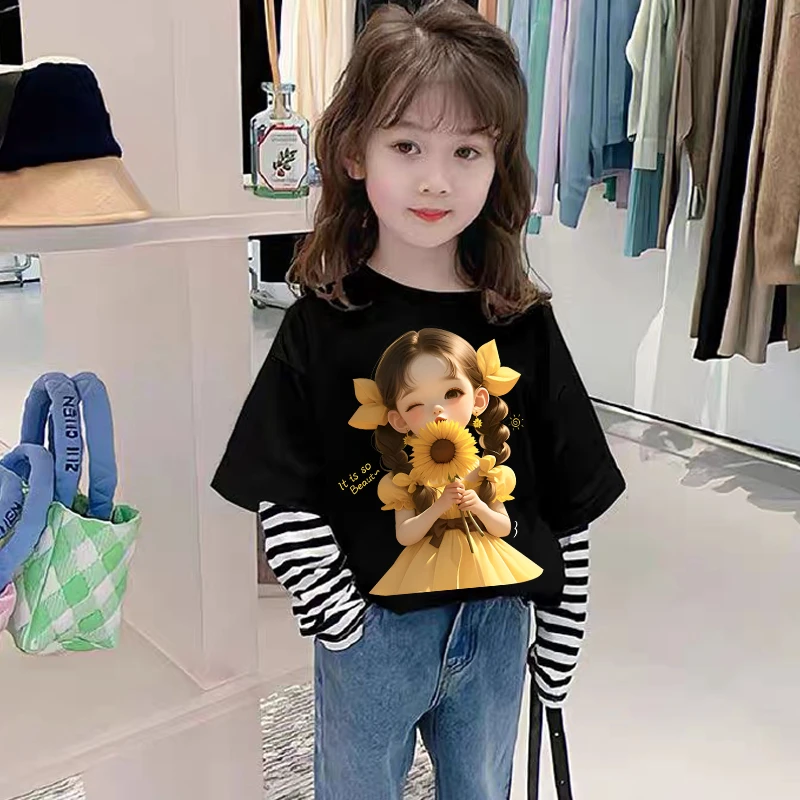 女童长袖T恤2025春秋季新款洋气儿童假两件圆领上衣小童休闲秋装
