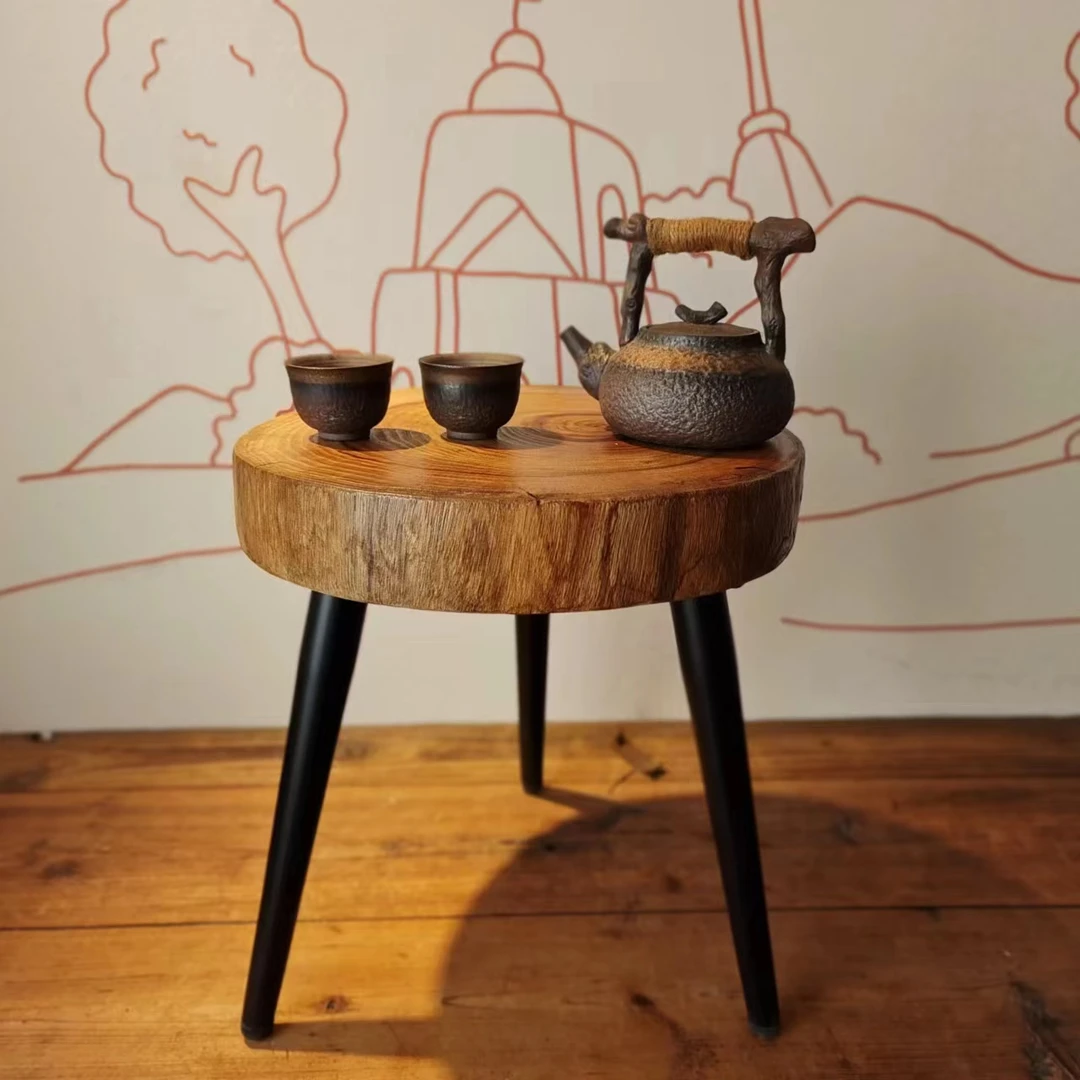 香樟木原木风实木铁艺腿凳子小边几