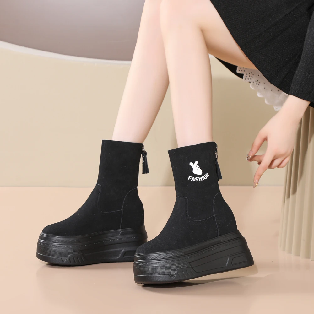 超高跟10-12CM厚底高帮鞋时尚百搭短靴秋冬新款百搭小个子高跟鞋