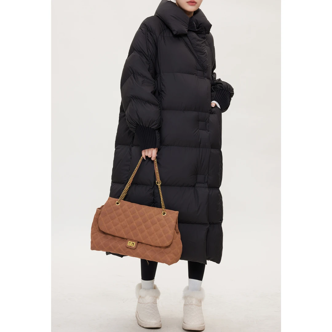 现JUNJUN【冬日暖包】2023冬季新款白鸭绒羽绒服女立领中长款外套