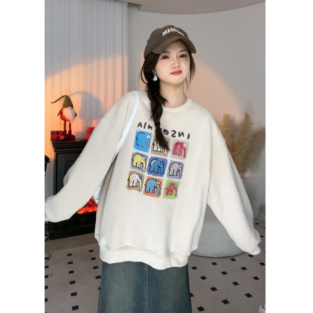 现JUNJUN【小象卫衣】印花图案宽松时尚软糯细腻女秋冬新款加绒卫衣