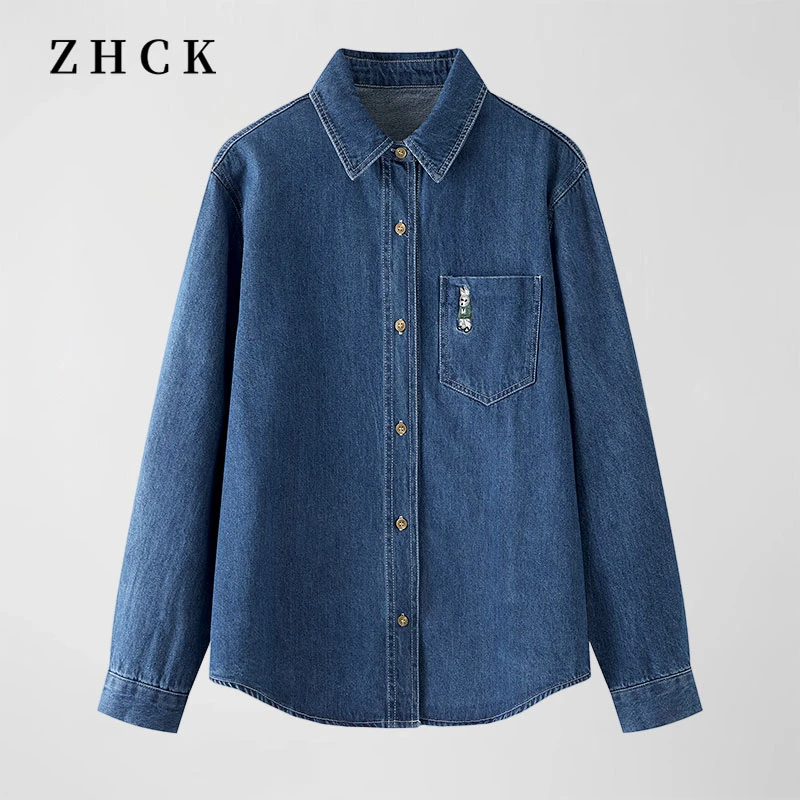 ZHCK时尚牛仔衬衫复古春季休闲百搭韩版纯色翻领叠穿刺绣女