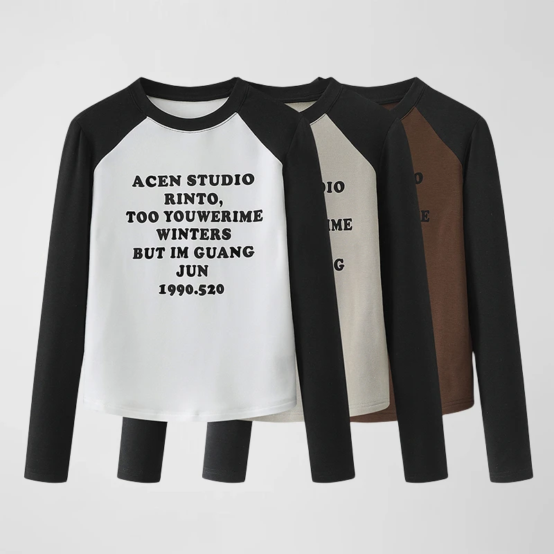 加绒打底衫春季新款插肩袖印花加绒修身长袖百搭圆领拼接女套头