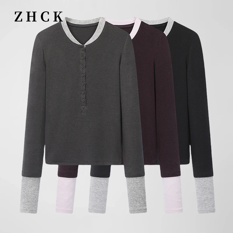 ZHCK撞色百搭显瘦假两件打底衫2025新款圆领设计感打底上衣女