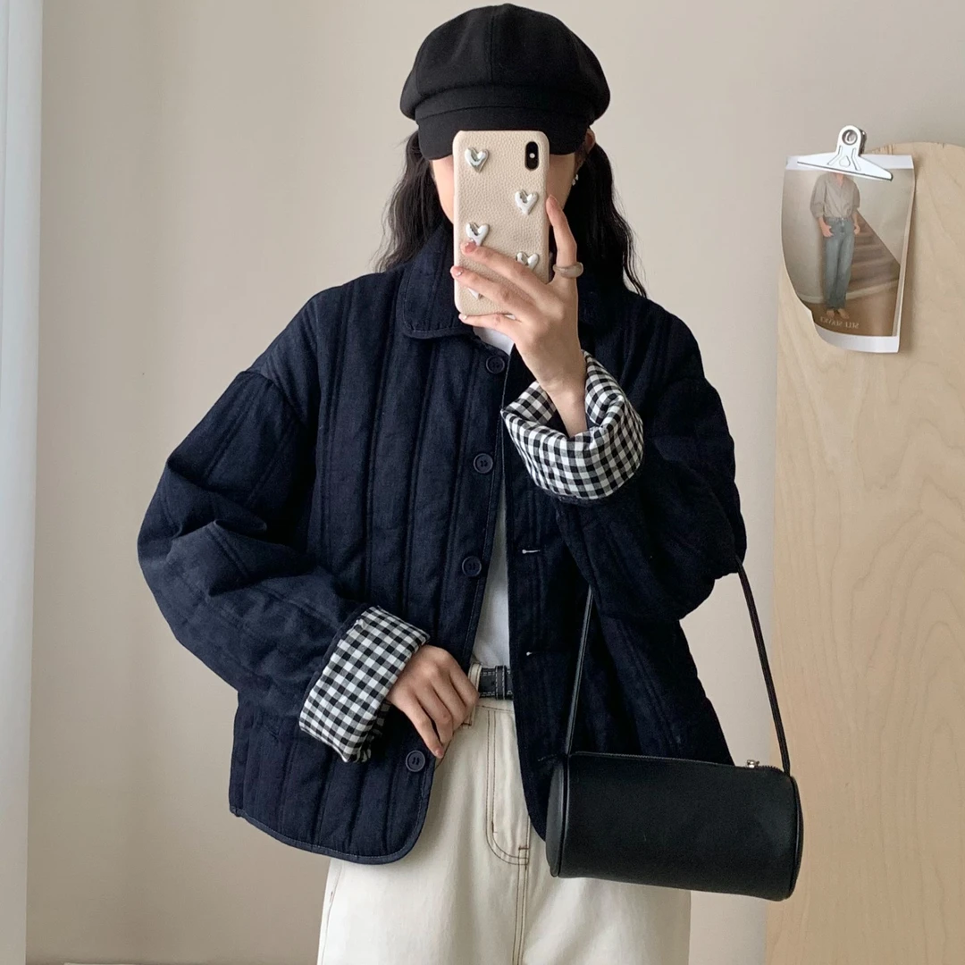 ZHCK百搭翻领宽松夹棉外套2024秋冬新款时尚设计感棉服女8972