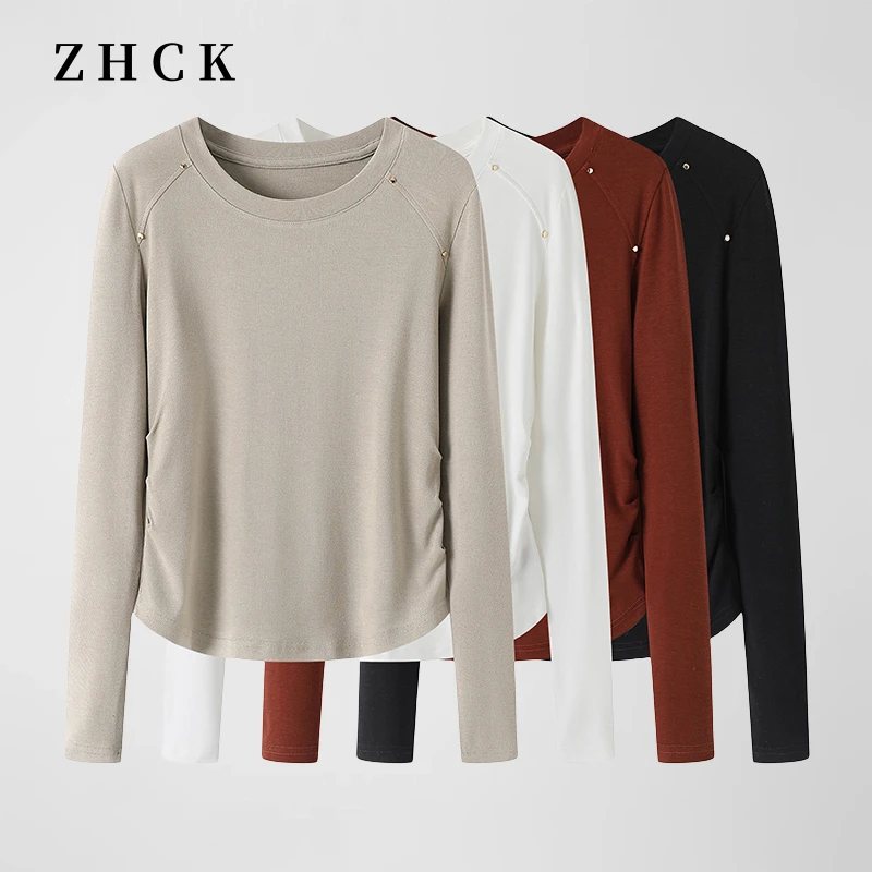 新款铆钉基础紧身打底衫圆领休闲显瘦韩系设计感打底衫女T