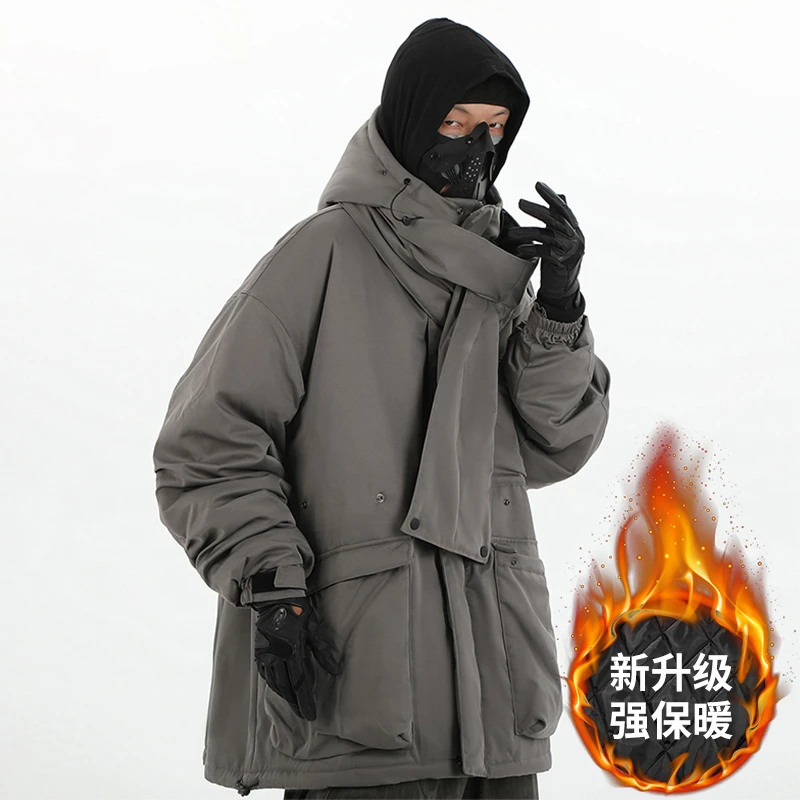 JIYEIND冬季新款围脖领连帽棉服2023男宽松休闲黑色加厚保暖棉衣