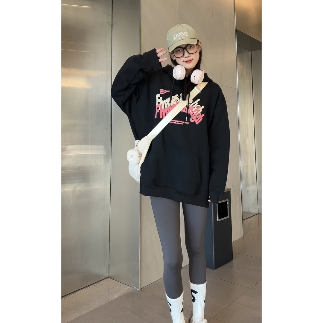 秋季薄款多巴胺卫衣女中长款印花连帽休闲慵懒风宽松百搭时尚外套