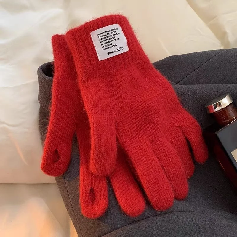韩版纯色兔毛针织手套女冬季高级感保暖毛线毛茸茸防风露指可触屏