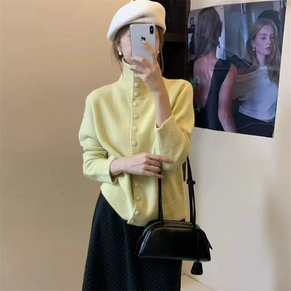 跨境新款简约翻领包扣针织外套女百搭休闲纯色毛衣外套洋气开衫