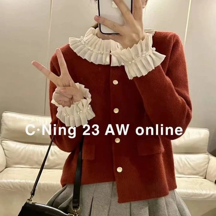 2025年秋冬新款法式复古小香风开衫毛衣女韩版小众木耳花边上衣潮