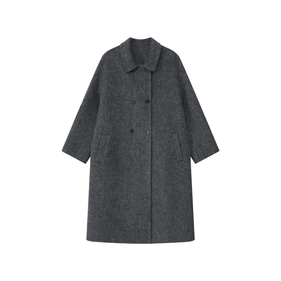 春秋新款马海毛绵羊毛纯色翻领纽扣宽松长款冬季毛呢大衣
