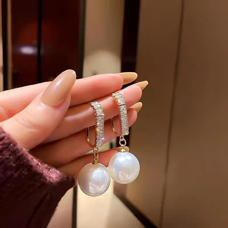 铜合金仿珍珠耳饰 S925银针简约时尚锆石耳坠气质感复古耳饰女