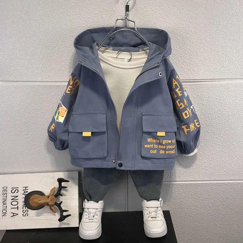 【清仓】童装男童外套2024新款春秋装男孩洋气风衣韩版连帽上