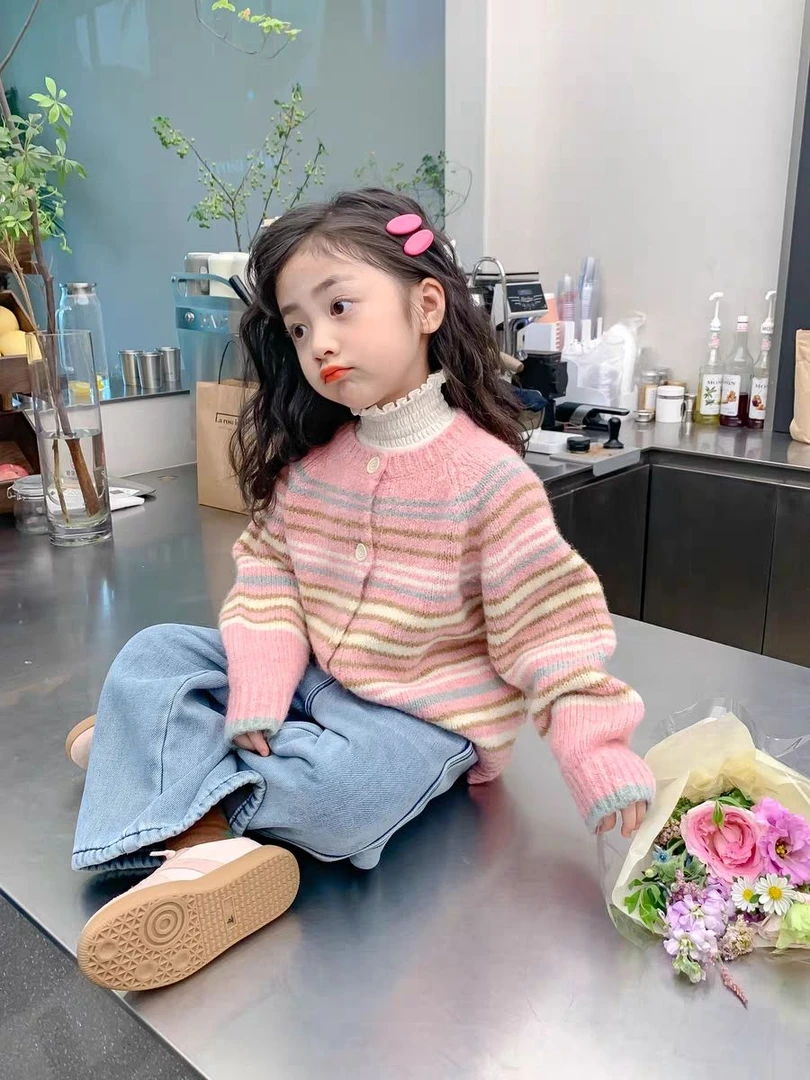 【小扬哥推荐】女童秋季针织开衫外套2024新款宝宝洋气条纹韩版上