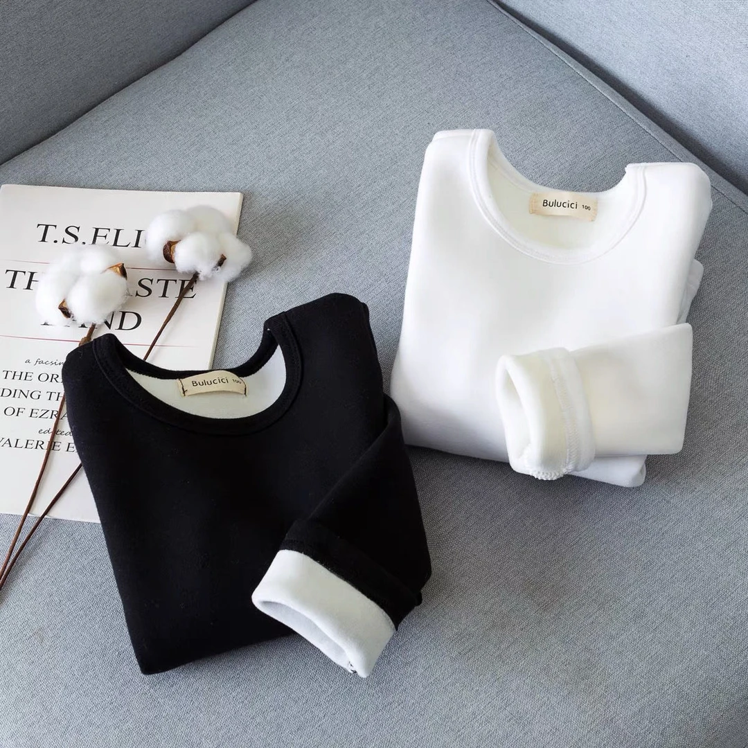 【清仓】儿童打底衫秋冬加绒加厚女童保暖上衣黑色男童内衣白