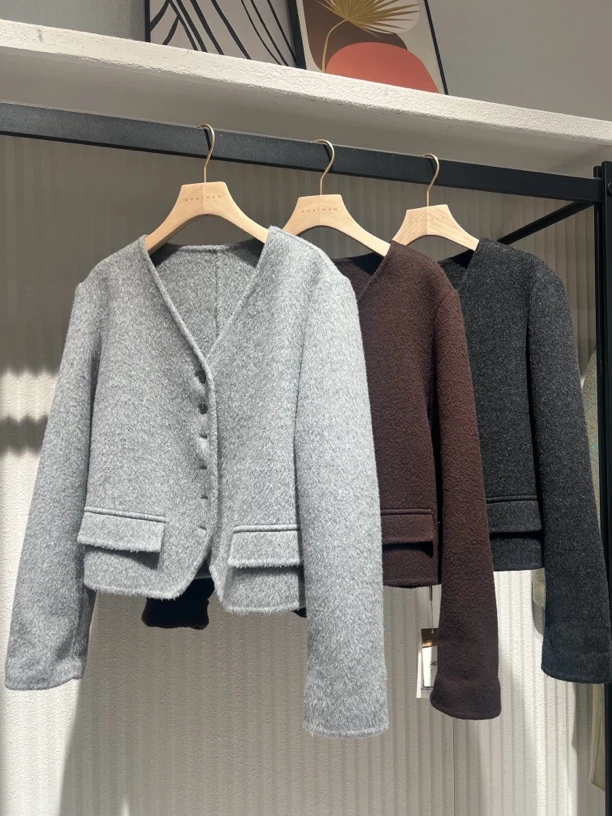 双面羊毛大衣女短款小个子V领气质羊毛呢外套