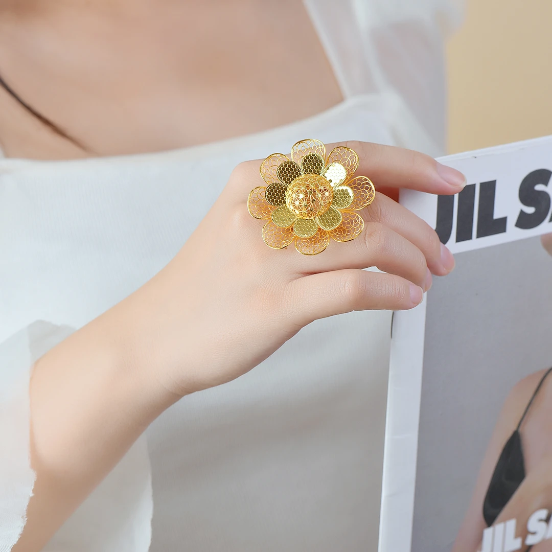 足银戒指 太阳花戒指包金工艺银戒指表层包金名族风经典金店同款