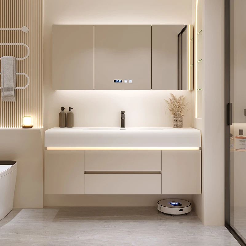 轻奢奶油风浴室柜肤感一体盆卫生间洗脸洗漱洗手池台盆套装组合