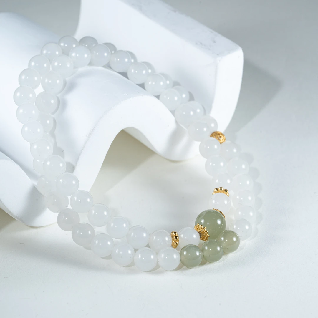 和田白玉双圈手串 卡6MM搭配s925银花丝工艺隔珠