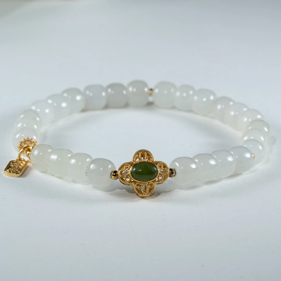 梦之语天然和田白玉单圈手串 银镶嵌 卡约6MM