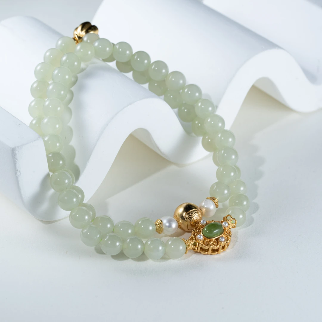 梦之语和田玉蜂蜜水双圈手串 卡6mm 搭配珍珠及银镶嵌