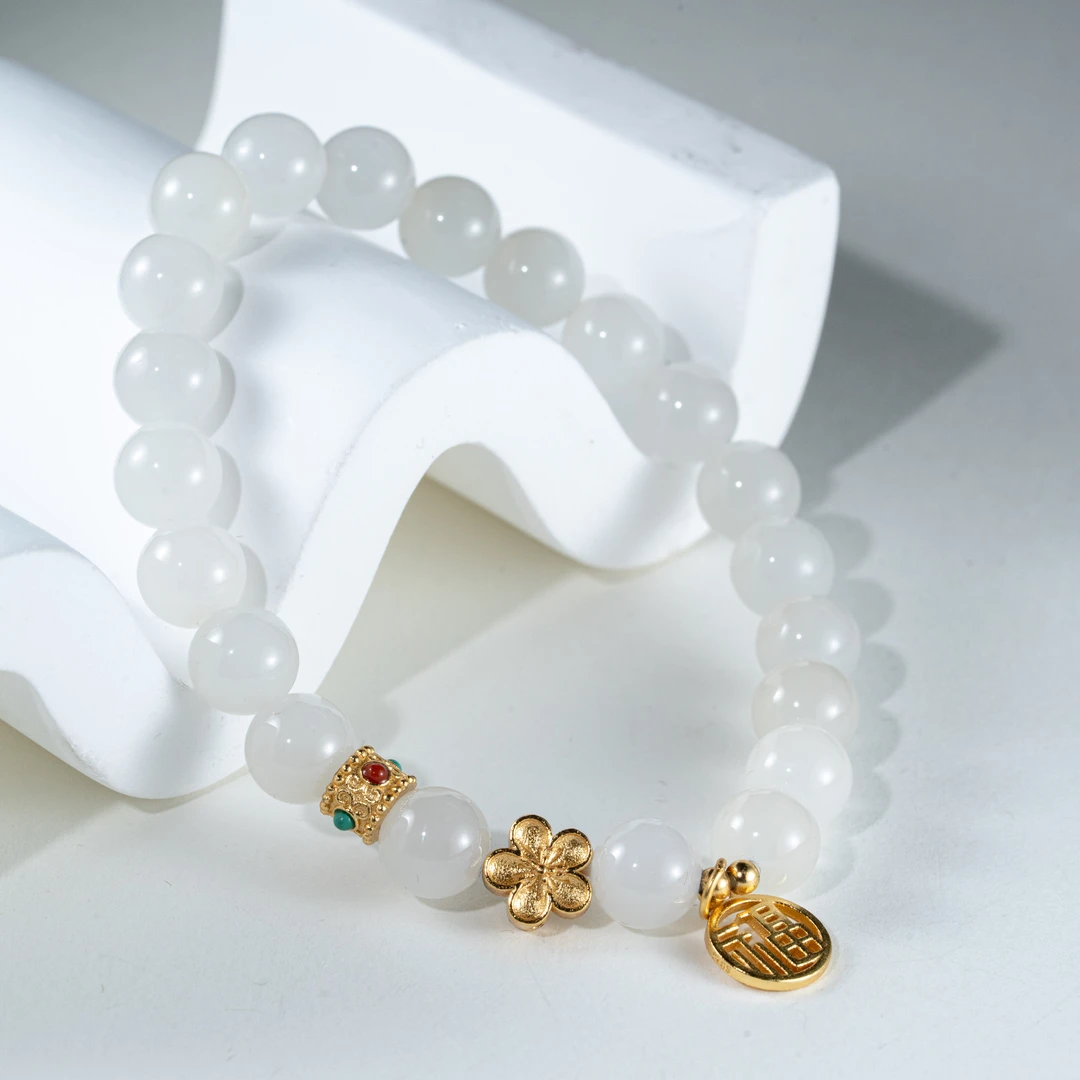 梦之语和田碧玉百搭清新手链 s925银福牌手串 节日送女友 卡8mm