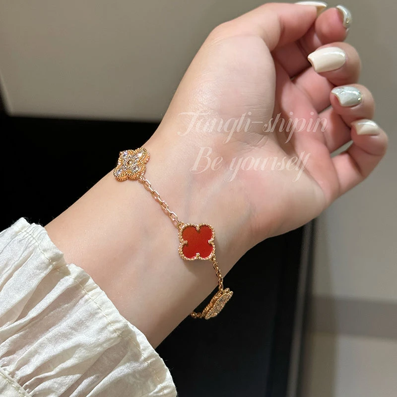 铜合金合成锆石手链 红色镶钻四叶草手链简约精致高级气质FS990