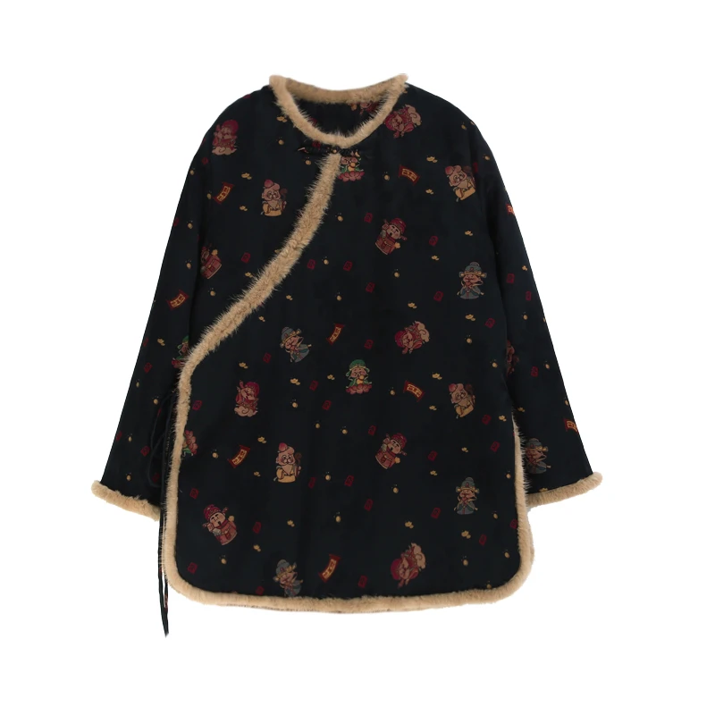 25姆米小财神满桑花罗财神到设计感圆领对襟加棉夹毛条外套12556