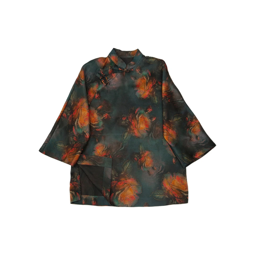 35姆满分桑蚕丝素绉缎前喷香云纱湖蓝色金丝牡丹立领上衣12339-2