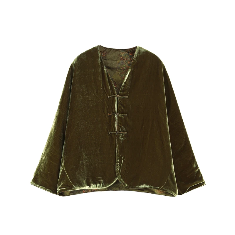 25姆米柿柿如意凤纹团花红云纱花罗对襟真丝丝绒双面穿外套12476