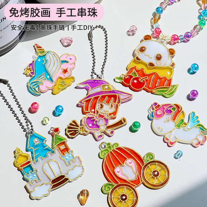 免烤胶画儿童diy手工涂鸦画玩具制作女孩涂色颜料水彩画填色