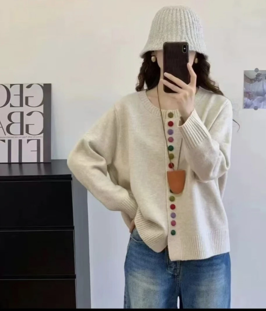 大码女装！彩虹纽扣毛衣秋冬开衫新款外套时尚百搭51005