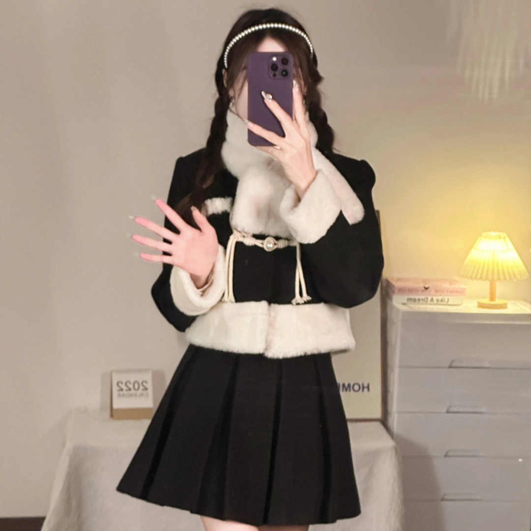 【冬日祈愿】黑色圣诞节 氛围感jk制服显白百搭夹棉毛呢外套