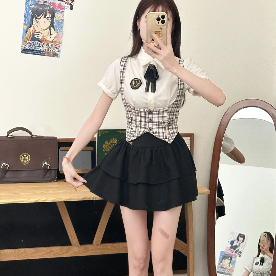 小画家 美式收腰马甲衬衫 织物猪原创 束腰显瘦蓬蓬蛋糕裙jk制服