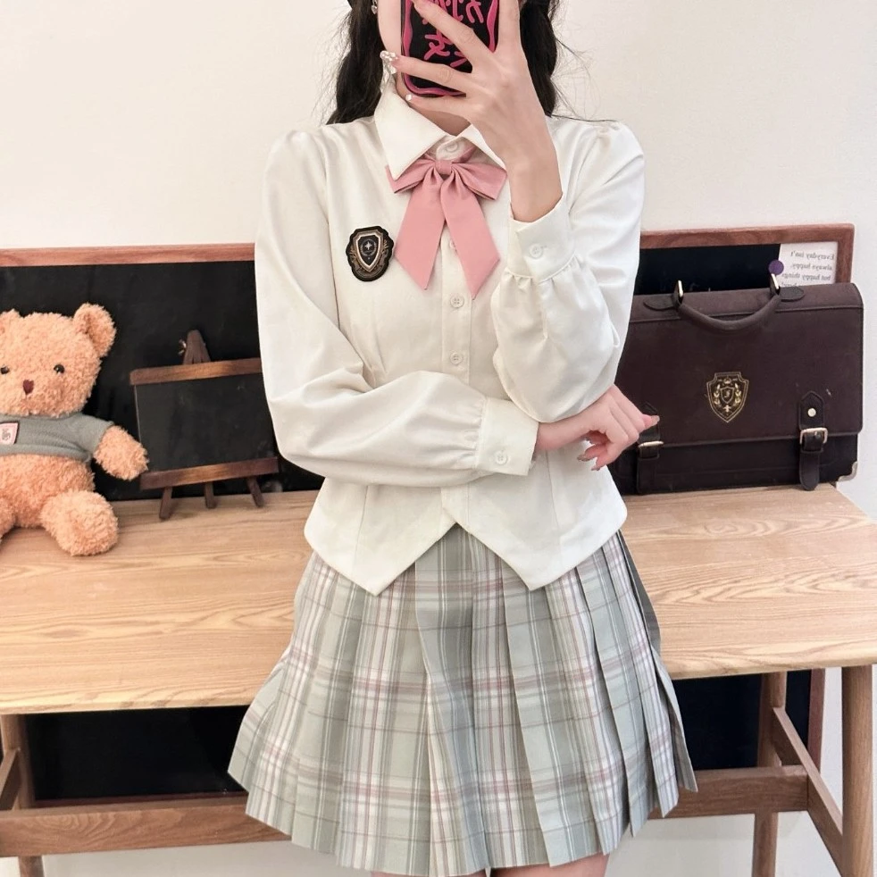 音奈绿意 织物猪原创jk制服学院风春季日系白色显瘦收腰衬衫短裙