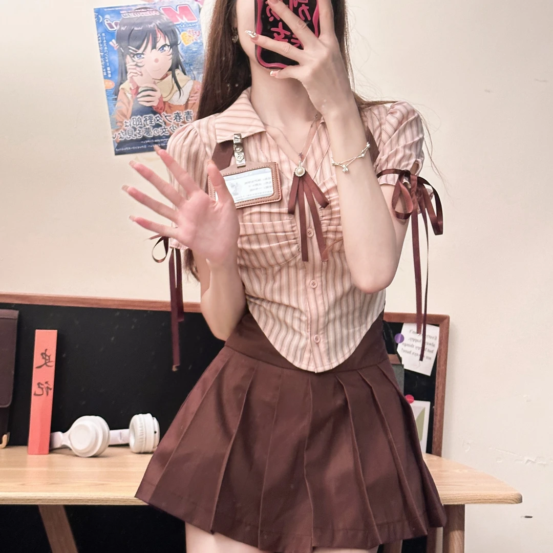 蜜桃果茶 织物猪原创 美式复古学院风收腰显瘦背带JK制服